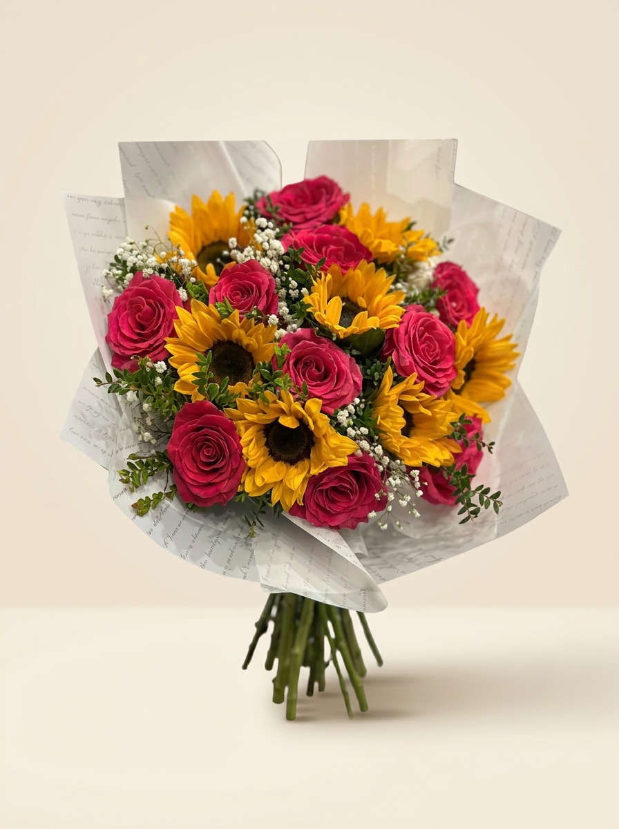 Rosas y girasol